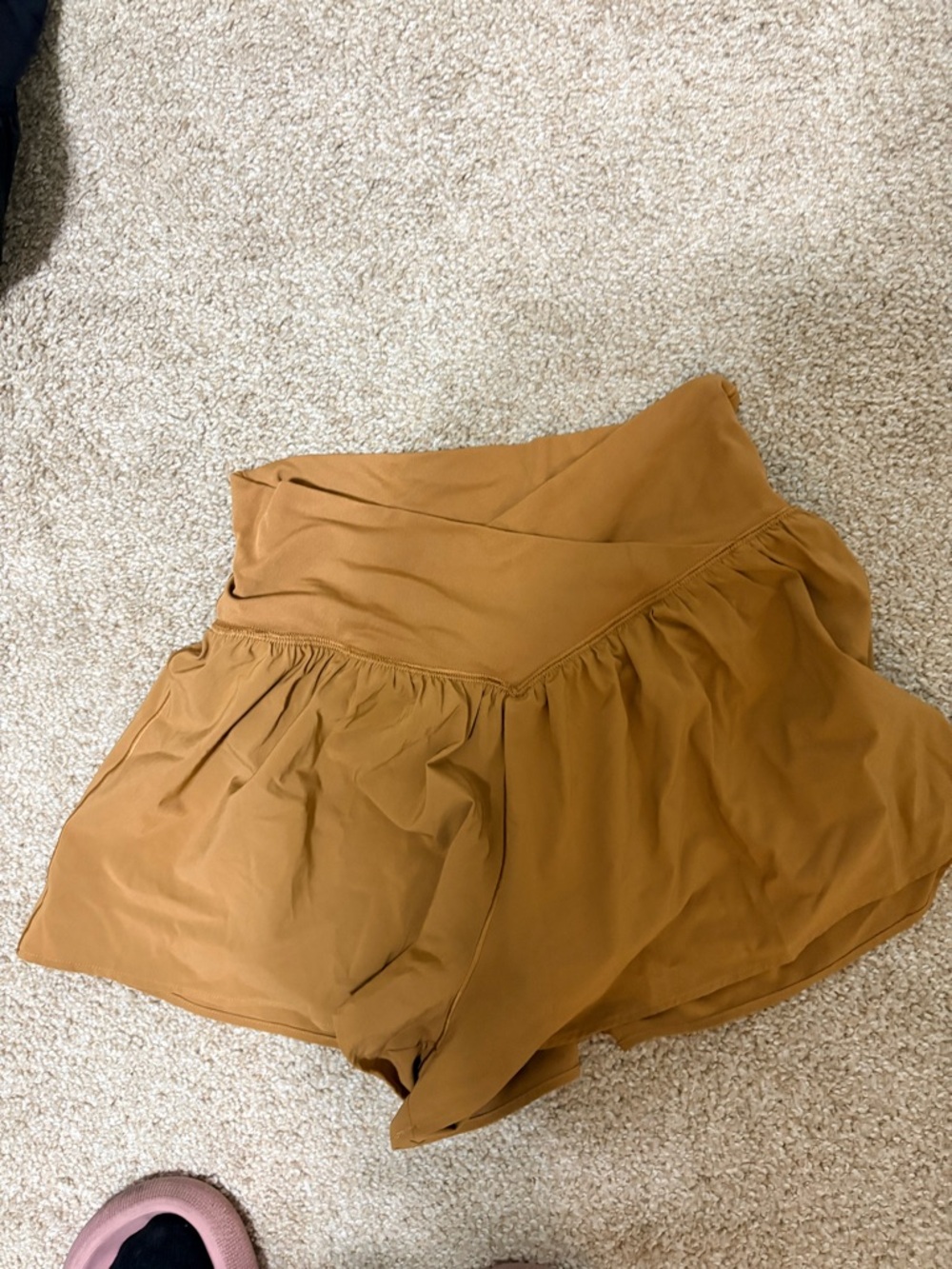 aerie Real Me Crossover High-Waist Flow Shorts in Camel Brown